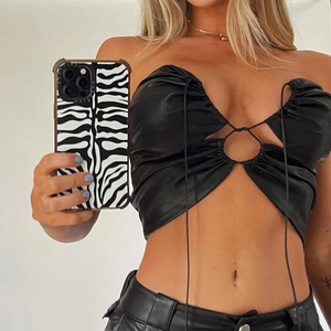 Women Halter Tube Top Faux Leather PU Polyester Metal Ring Lace Up Crop Top Sexy Streetwear Slim Fit Solid Color Black