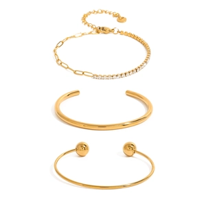 Set di 3 bracciali in acciaio inossidabile dorato con zirconi e polsini minimalisti