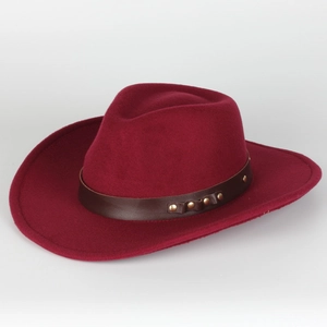 Red wool fedora hat with a brown leather studded band and elegant wide flat brim