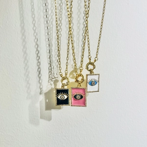 Collana con Ciondolo Rettangolare Occhio del Diavolo in Rame Placcato Oro con Catena in Smalto Strass Gioielli per Donna