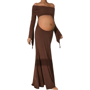 Brown off-the-shoulder maternity maxi dress with a belly cutout and long sleeves