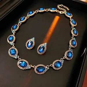 Collier Et Boucles D'oreilles Vintage Avec Cristal Ovale Bleu Alliage Rhinestone Et Tige En Argent Style Palais Femmes