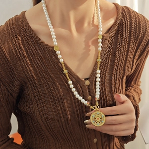 Long Artificial Pearl Necklace With Hollow Round Disc Alloy Pendant Colorful Glass Gemstones Vintage Sweater Chain For Women
