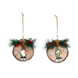 Set of 2 Christmas wooden gnome ornaments with pine needles, red berries and Noel Joy text