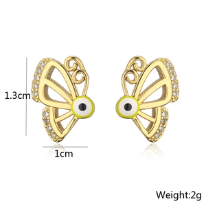 Macro view of 18K gold plated butterfly earrings with devil eye and dimensions 1.3x1cm