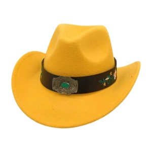 Detail of yellow wool western cowboy hat featuring floral embroidery and buckle