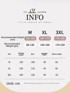 Detailed size chart for flannel couple robes with measurements for M, XL, and 3XL sizes
