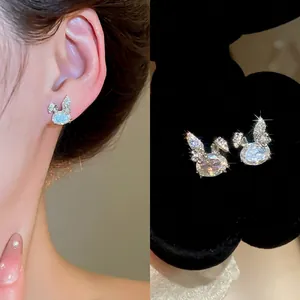 Rabbit Stud Earrings Zircon Animal Shape Copper With 925 Sterling Silver Earring Post For Women Sweet Elegant Jewelry