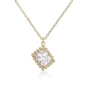 Detailed view of square 18K gold plated necklace with emerald-cut white zircon pendant