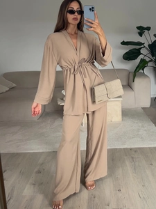 Women beige long sleeve wrap top and high waisted wide leg pants two-piece lounge set
