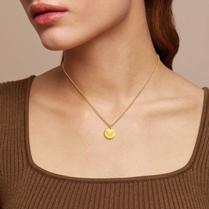 Close-up of a model wearing a gold stainless steel necklace with a butterfly relief pendant
