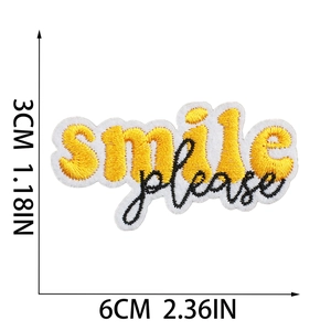 Embroidered Smile Please patch with yellow border and black text for DIY clothing