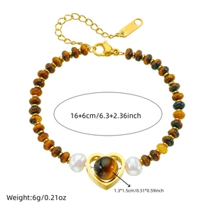 Tiger eye and pearl beaded bracelet with heart pendant and adjustable gold-plated chain