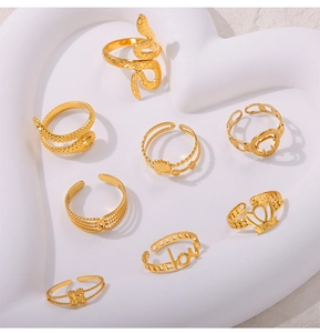 Detailed view of an 8-piece gold-toned geometric ring set featuring diverse trendy motifs