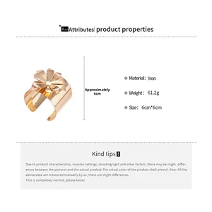 Detailed specs of golden flower cuff bracelet showing material and dimensions