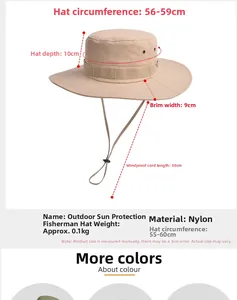 Detailed size chart for breathable sun hat showing 9cm brim and adjustable wind rope