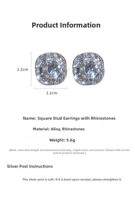 Detail view of square rhinestone earrings showing dimensions 1.1cm and 5.6g weight