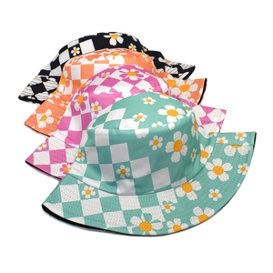Women sunflower checkerboard bucket hat set in green pink orange and black colors