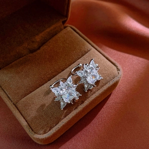 Detailed view of silver snowflake earrings with sparkling zircons on a velvet jewelry box