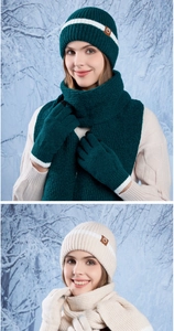 Detail of winter knit set featuring thick ribbed beanie, scarf and touch screen gloves