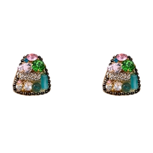 Elegant silver needle triangle earrings with colorful rhinestones and woven texture