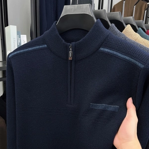Detail of navy blue half-zip knit sweater showing fine texture and collar zipper