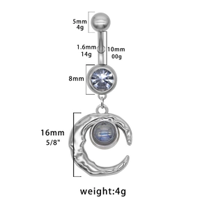 Detailed view of silver crescent moon belly button ring with rhinestones and clear stone