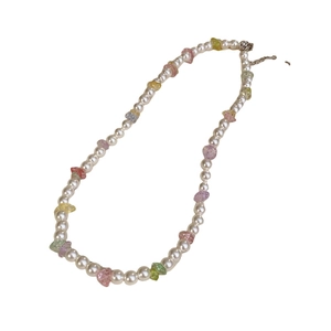 Minimalist pearl necklace with colorful small stones and silver metal clasp for women