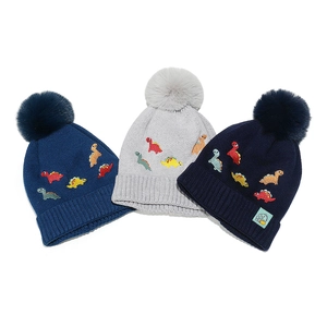Children Winter Knitted Hat Acrylic Dinosaur Embroidery Soft Pom Pom Warm Outdoor Beanie Accessory