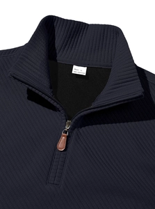 Detailed view of navy corduroy sweatshirt collar showing zipper and size L fabric label