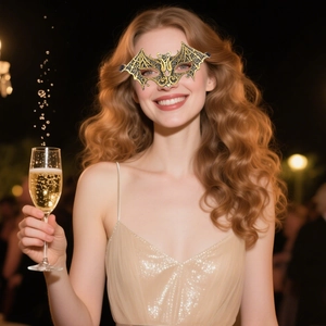 Detail of a gold lace bat-style eye mask on a model for masquerade parties and Halloween