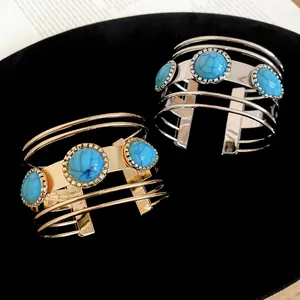 Bohemian acrylic open bangle with turquoise stones in gold and silver finish