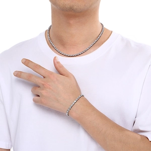 Parure collier et bracelet tennis en acier inoxydable argenté avec zircons brillants