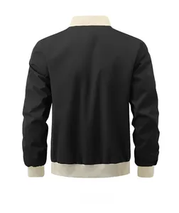 Rear view of black and white color-block baseball jacket with ribbed knit cuffs and hem