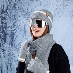 Winter 3-piece knitted set with grey hat scarf and gloves featuring stylish white stripes