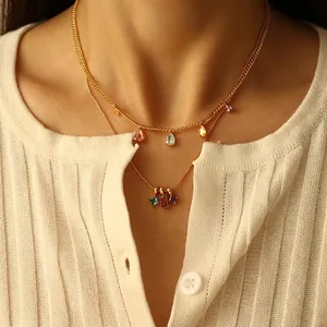 18K gold plated brass necklace featuring colorful zircon drop pendants in layered style