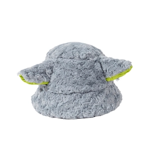 Plush grey bucket hat featuring cute long ears with green lining and cozy faux fur texture
