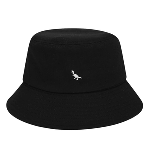 Classic black cotton bucket hat with white T-Rex dinosaur embroidery for sun protection