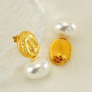 French vintage gold stainless steel pearl stud earrings with irregular lava texture