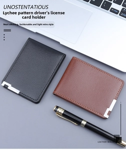 Litchi pattern leather driver license wallet in black and brown with metal corners