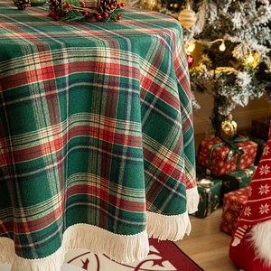 Christmas Round Plaid Tablecloth Polyester Fringe Tassel Edge Waterproof Decorative Party Holiday American Retro
