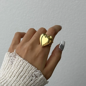 Polished 18k gold plated stainless steel heart locket ring on model's hand