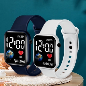 Digital sports watch for students with heart rate monitor and earth dial in blue and white