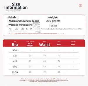 Guide des tailles détaillé pour soutien-gorge de yoga avec spécifications des tissus