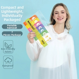 Detail view of 7-pack portable disposable hooded raincoats in compact packaging