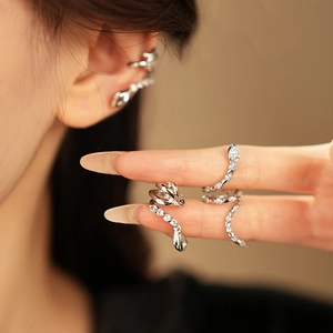 Macro view of crystal-encrusted snake-shaped ring and silver ear cuff jewelry