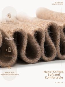 Detailed close-up of thick knitted winter scarf texture in warm camel wool blend
