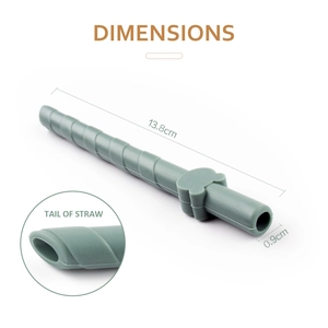 Green silicone straw with dimensions 13.8cm by 0.9cm showing detailed tail design
