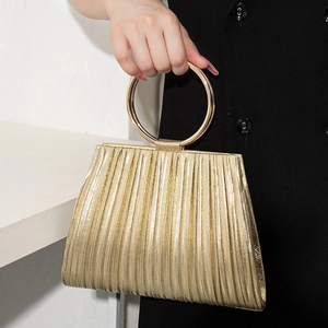 Pleated Evening Bag PU Leather Metal Round Handle Clutch For Women Party Banquet Elegant Fashion Handbag
