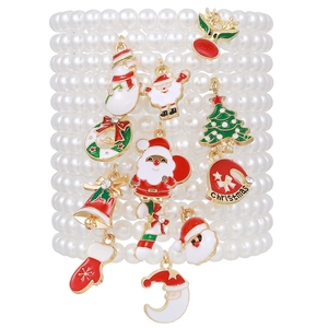 Christmas multilayer pearl bracelet set with Santa Claus and reindeer charms on white